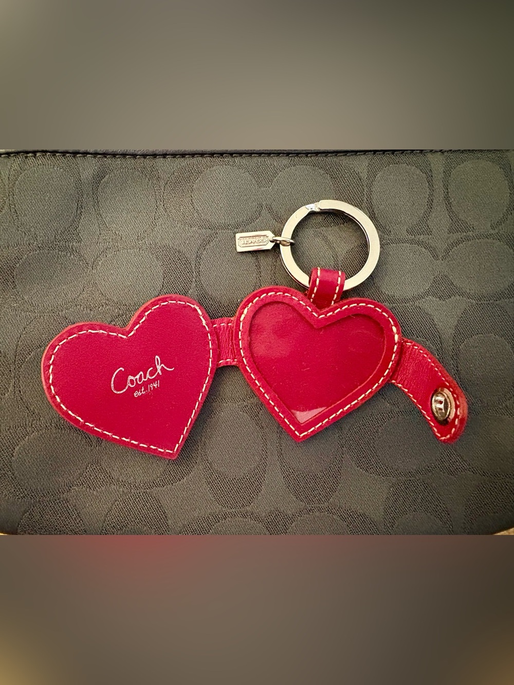 Coach Patent Leather Red Photo Frame Heart Keychain with Lock - Picture 2 of 5